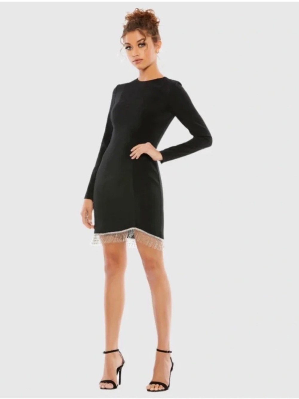 NWT MacDuggal Long Sleeve Asymmetrical Beaded Fringe Hem Mini Dress SZ 0